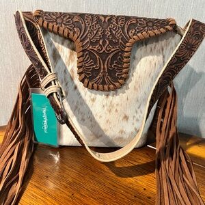 New Crossbody Leather Cowhide Boho Western Fringe Bag.